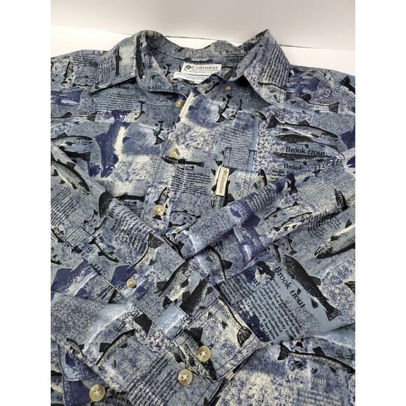 Columbia Button Up Shirt Men's Size Medium Fish Print Trout Fishing Long Sleeve - Picture 1 of 9
